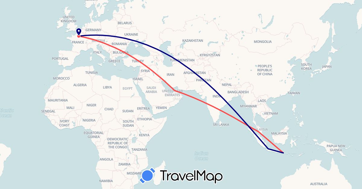 TravelMap itinerary: driving, hiking in United Arab Emirates, France, Indonesia, Malaysia (Asia, Europe)